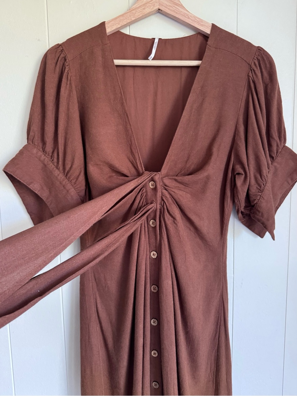 Free People Vintage Summer Midi Dress M Chocolate Swirl Twist Front Linen Blend - Picture 5 of 16